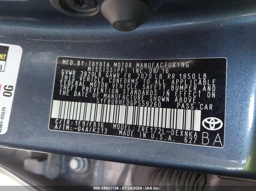 2016 TOYOTA COROLLA LE - 5YFBURHE0GP559260