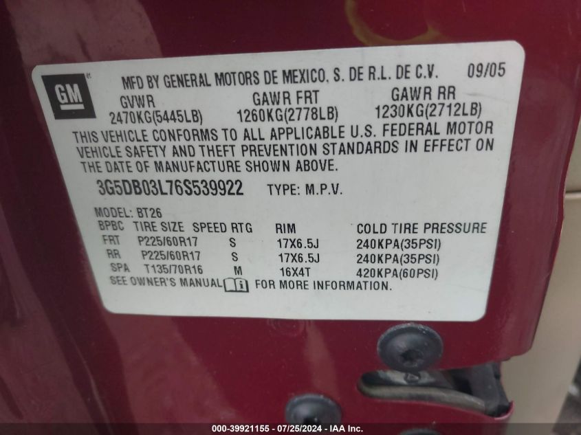 2006 Buick Rendezvous Cx VIN: 3G5DB03L76S539922 Lot: 39921155