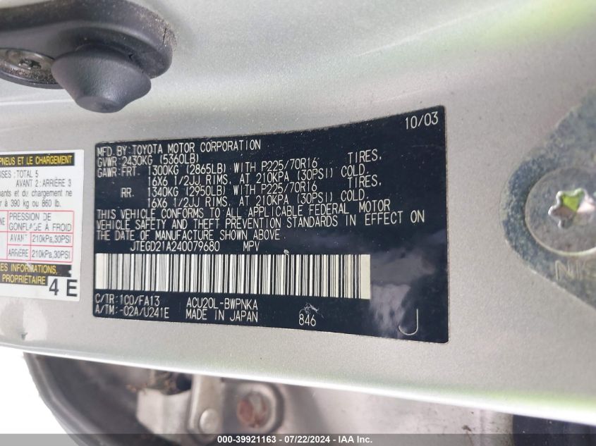 2004 Toyota Highlander VIN: JTEGD21A240079680 Lot: 39921163