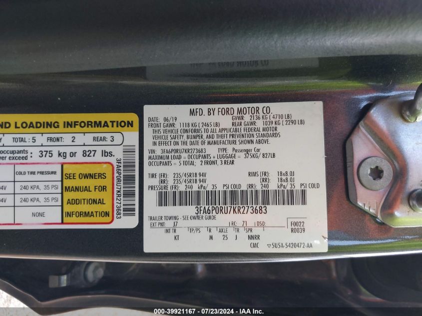 VIN 3FA6P0RU7KR273683 2019 FORD FUSION HYBRID no.9