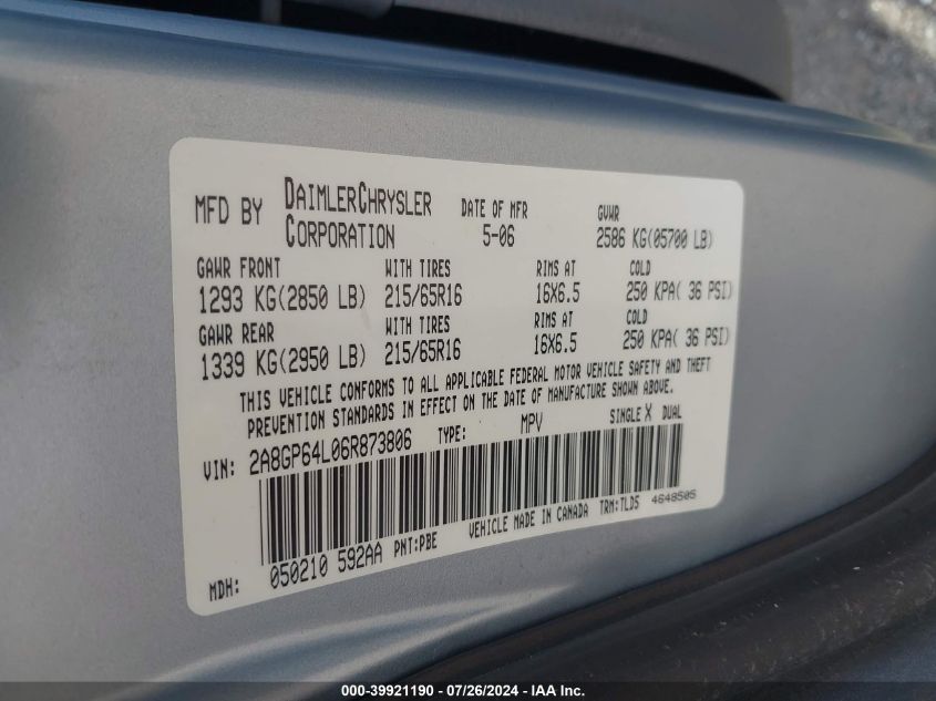 2006 Chrysler Town & Country Limited VIN: 2A8GP64L06R873806 Lot: 39921190