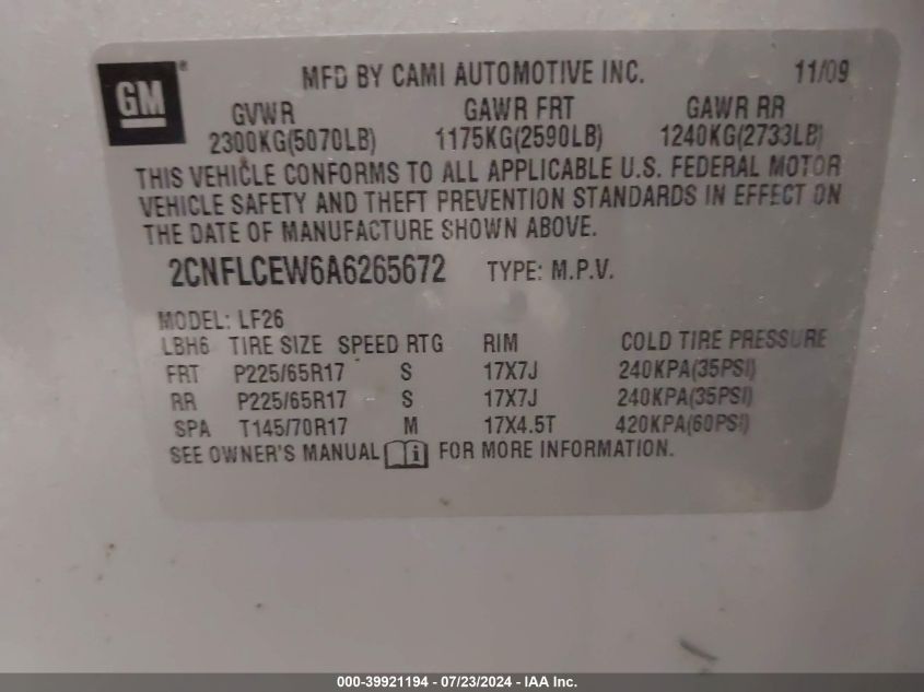 2010 Chevrolet Equinox Ls VIN: 2CNFLCEW6A6265672 Lot: 39921194