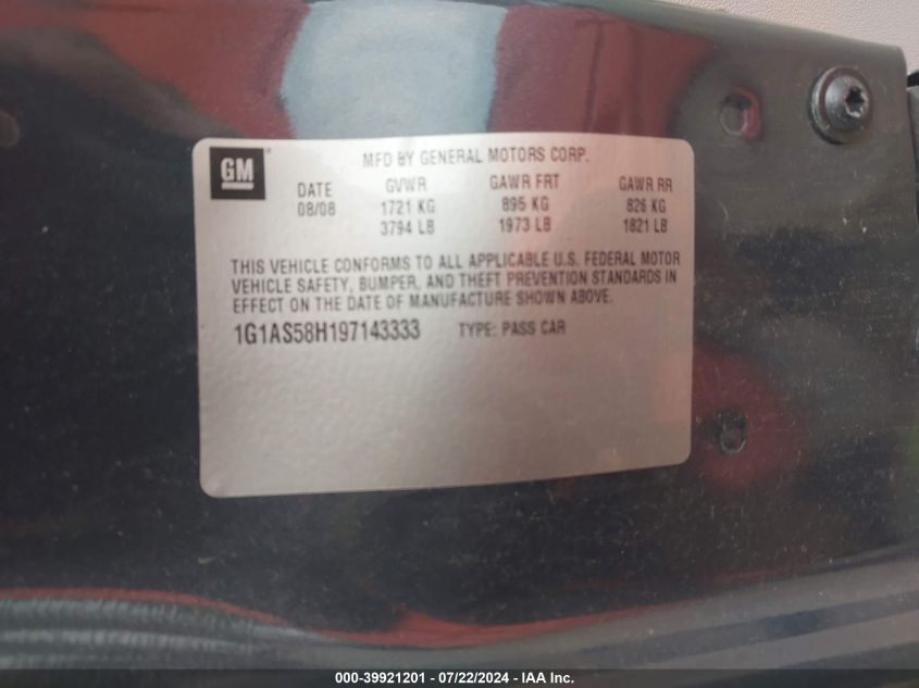 2009 Chevrolet Cobalt Ls VIN: 1G1AS58H197143333 Lot: 39921201