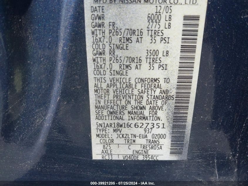 2006 Nissan Pathfinder Se VIN: 5N1AR18W16C627351 Lot: 39921205