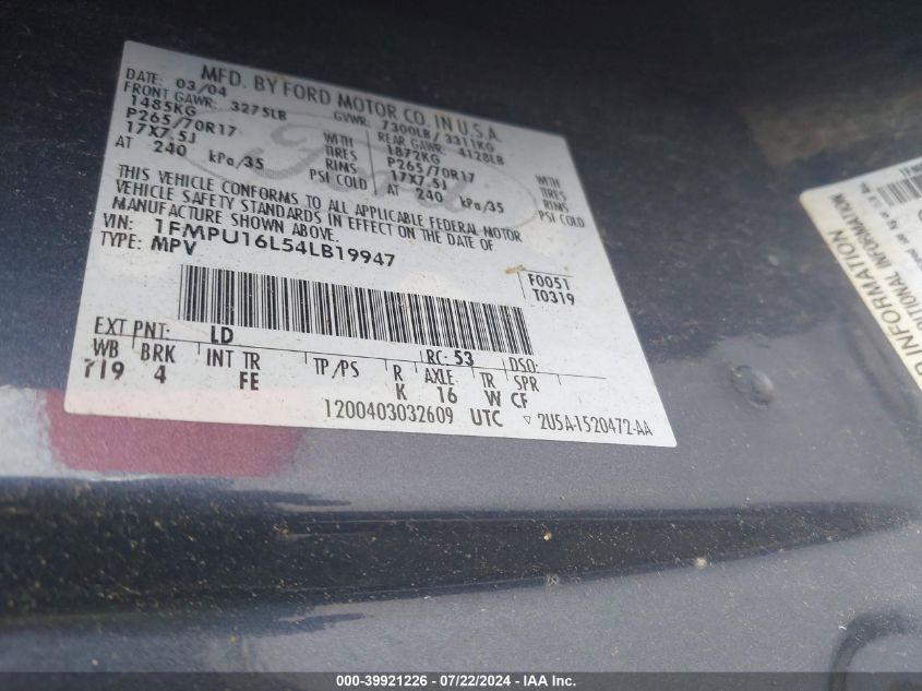 2004 Ford Expedition Nbx/Xlt VIN: 1FMPU16L54LB19947 Lot: 39921226