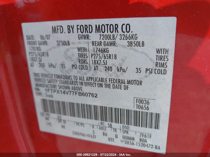 2007 Ford F-150 Fx4/Lariat/Xl/Xlt VIN: 1FTPX14V77FB60762 Lot: 39921229