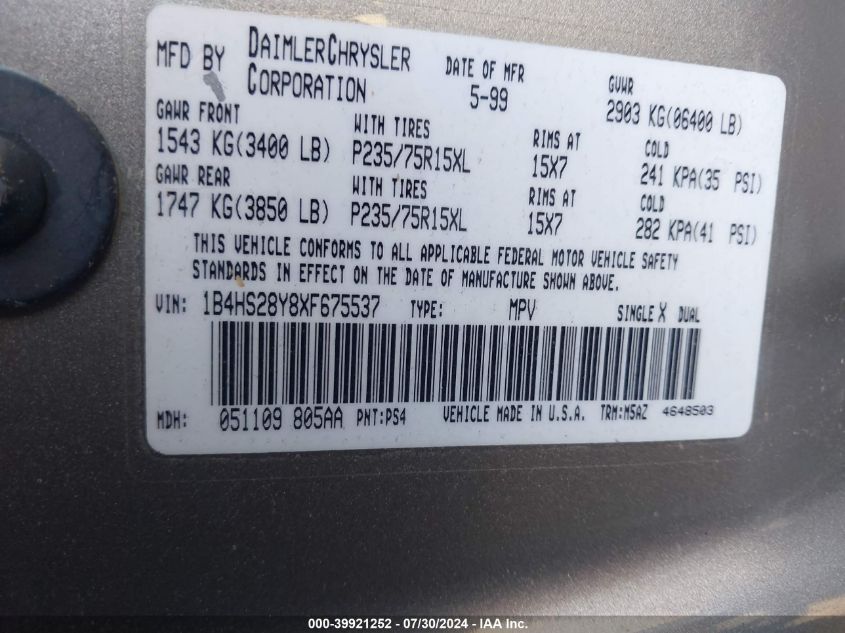 1999 Dodge Durango VIN: 1B4HS28Y8XF675537 Lot: 39921252