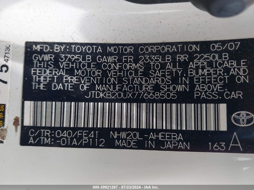 2007 Toyota Prius VIN: JTDKB20UX77668505 Lot: 39921267