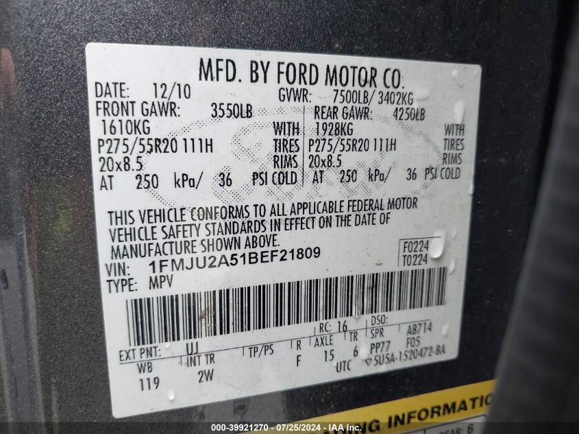 2011 Ford Expedition Limited VIN: 1FMJU2A51BEF21809 Lot: 39921270