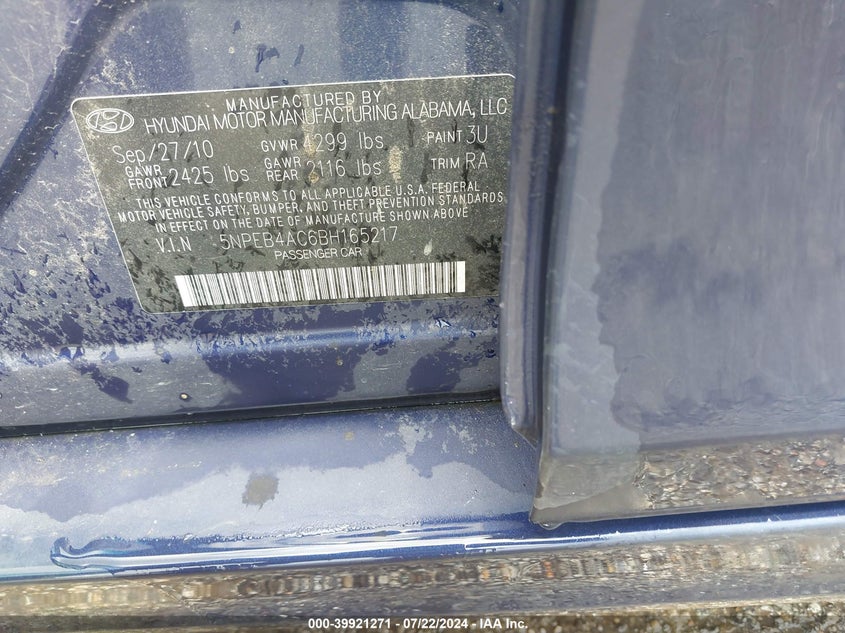 2011 Hyundai Sonata Gls VIN: 5NPEB4AC6BH165217 Lot: 39921271
