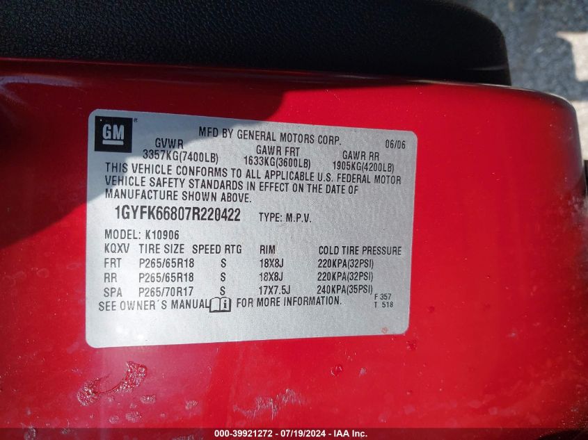 2007 Cadillac Escalade Esv Standard VIN: 1GYFK66807R220422 Lot: 39921272