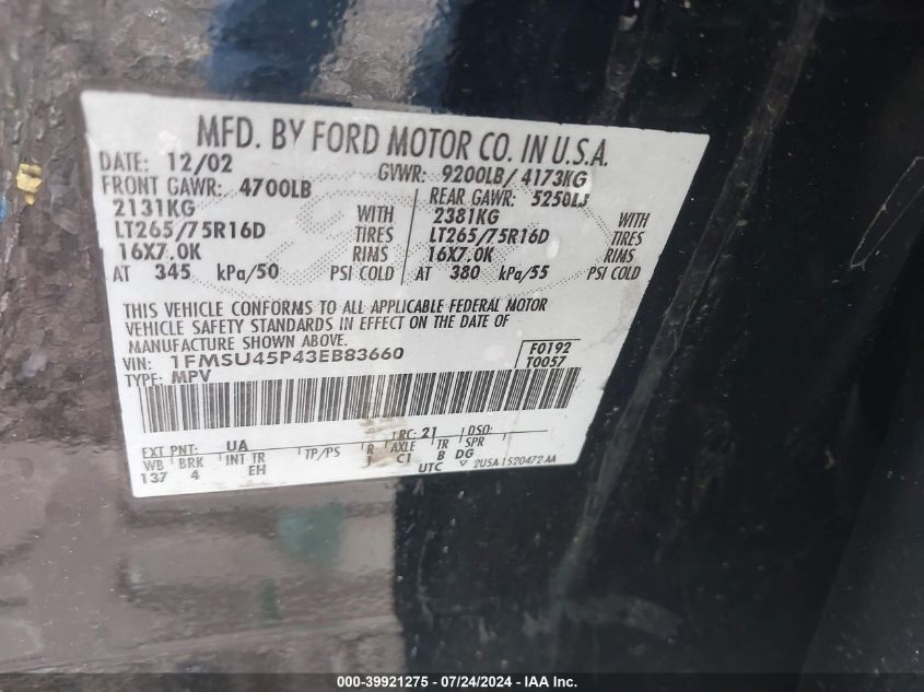 1FMSU45P43EB83660 2003 Ford Excursion Eddie Bauer