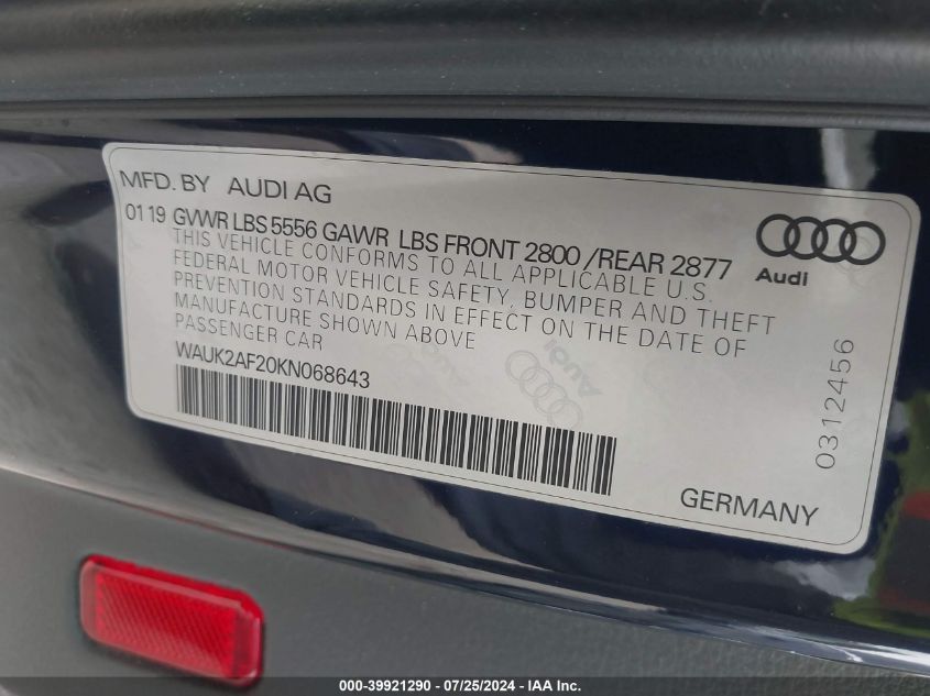 2019 Audi A6 Premium VIN: WAUK2AF20KN068643 Lot: 39921290