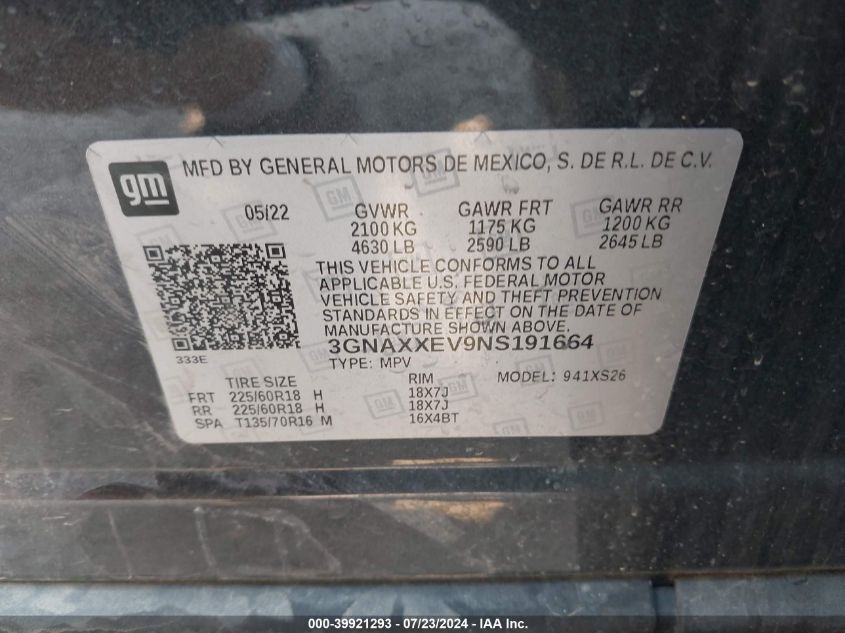 2022 Chevrolet Equinox Awd Premier VIN: 3GNAXXEV9NS191664 Lot: 39921293