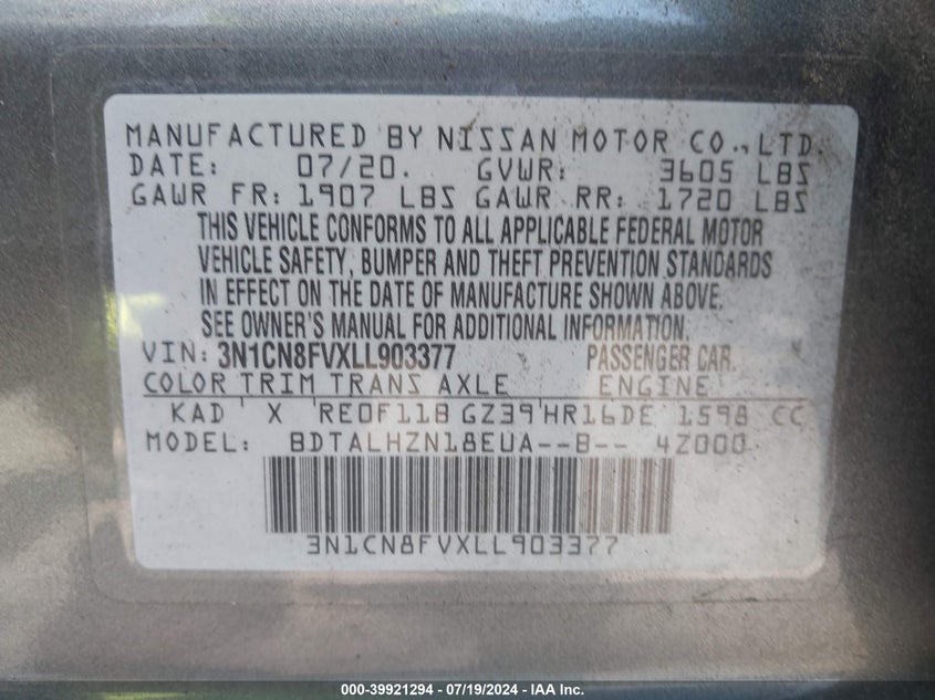 2020 Nissan Versa Sr Xtronic Cvt VIN: 3N1CN8FVXLL903377 Lot: 39921294