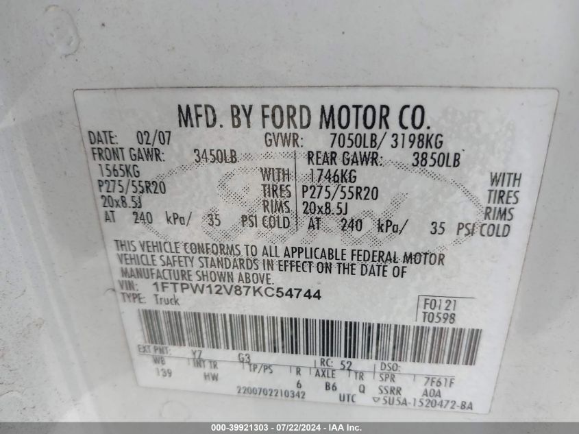 2007 Ford F-150 Lariat/Xlt VIN: 1FTPW12V87KC54744 Lot: 39921303