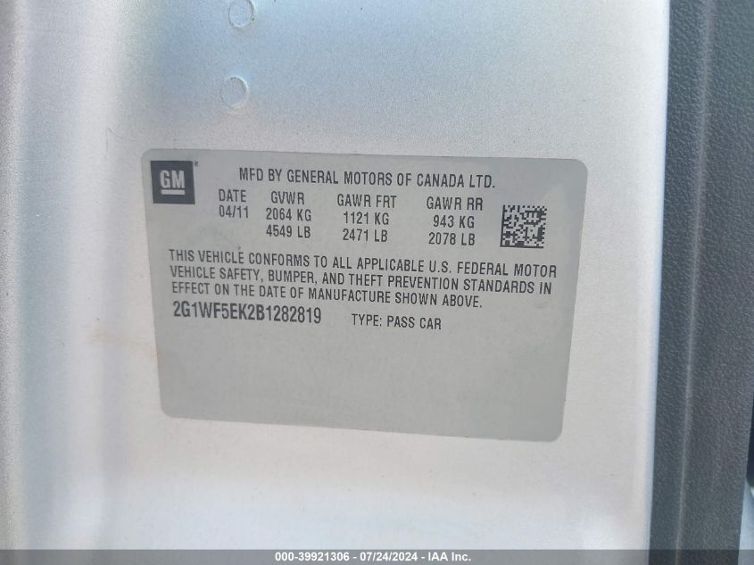 2011 Chevrolet Impala Ls VIN: 2G1WF5EK2B1282819 Lot: 39921306