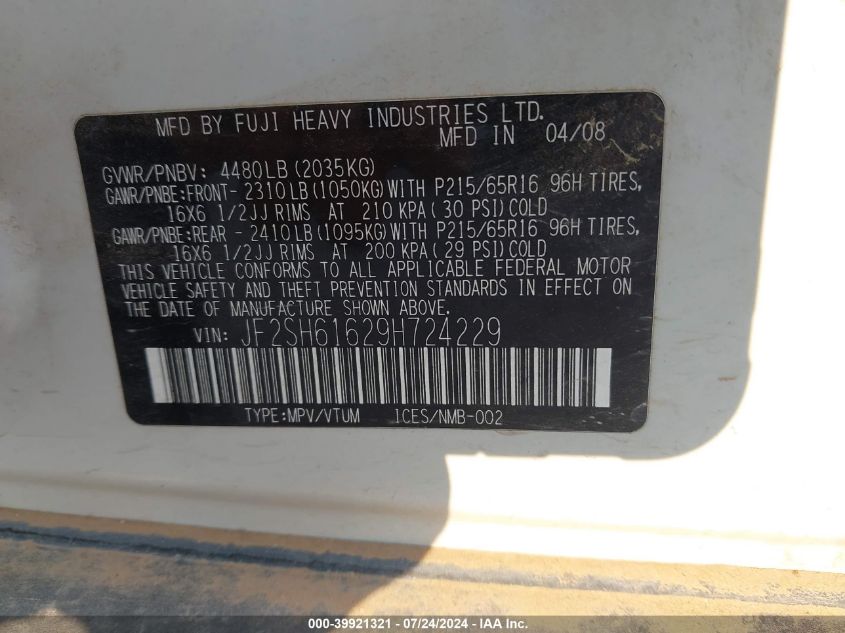 2009 Subaru Forester 2.5X VIN: JF2SH61629H724229 Lot: 39921321