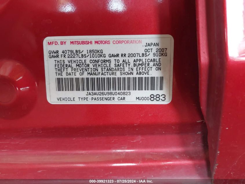 2008 Mitsubishi Lancer De/Es VIN: JA3AU26U98U040823 Lot: 39921323