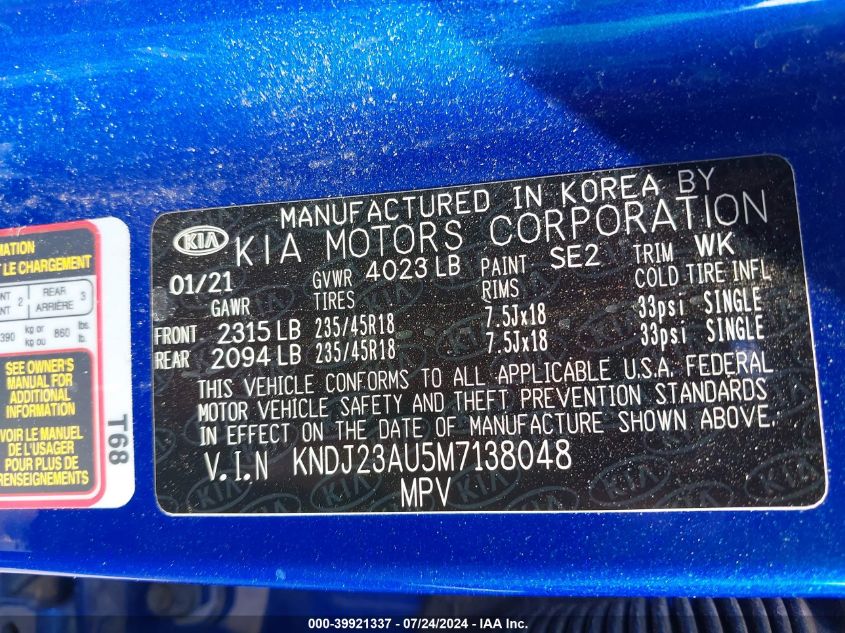 2021 Kia Soul X-Line VIN: KNDJ23AU5M7138048 Lot: 39921337