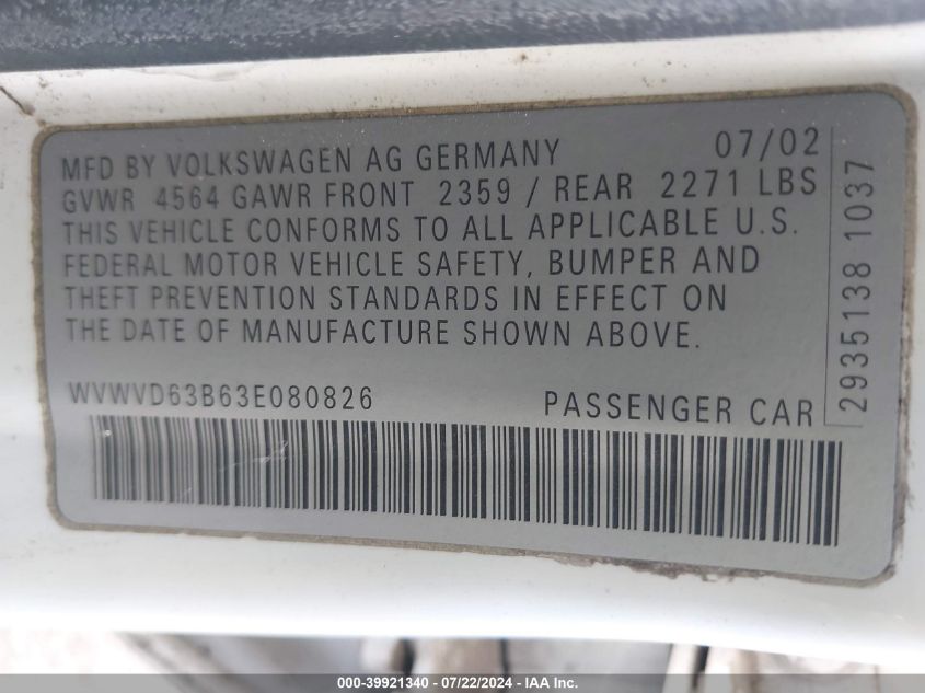 2003 Volkswagen Passat Gls VIN: WVWVD63B63E080826 Lot: 39921340