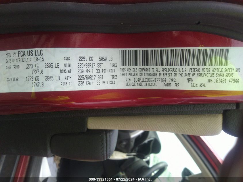 2016 Jeep Cherokee Latitude VIN: 1C4PJLCB6GW177184 Lot: 39921351