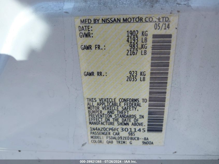 2015 Nissan Leaf Sv VIN: 1N4AZ0CP6FC301145 Lot: 39921365