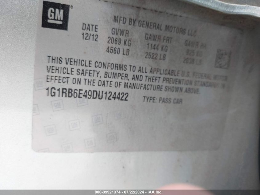 2013 Chevrolet Volt VIN: 1G1RB6E49DU124422 Lot: 39921374