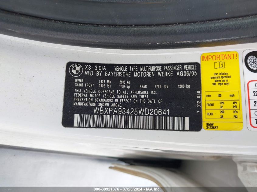 2005 BMW X3 3.0I VIN: WBXPA93425WD20641 Lot: 39921376