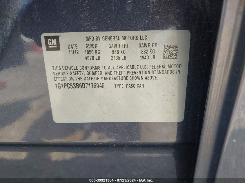 2013 Chevrolet Cruze 1Lt Auto VIN: 1G1PC5SB6D7176946 Lot: 39921384