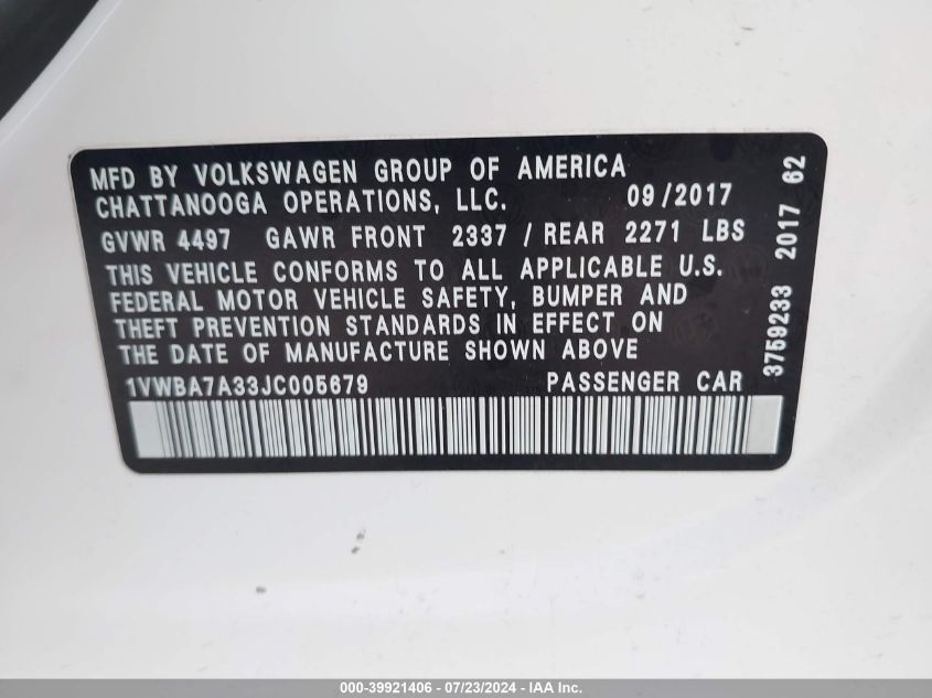 2018 Volkswagen Passat 2.0T Se VIN: 1VWBA7A33JC005679 Lot: 39921406