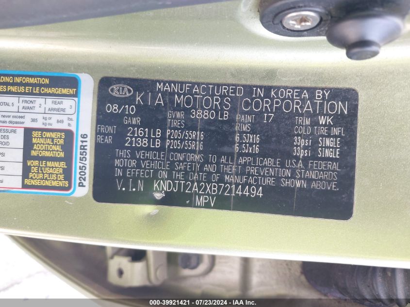 2011 Kia Soul +/!/Sport VIN: KNDJT2A2XB7214494 Lot: 39921421