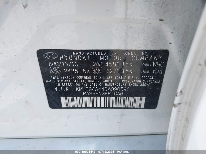 2013 Hyundai Sonata Hybrid Limited VIN: KMHEC4A44DA090593 Lot: 39921443
