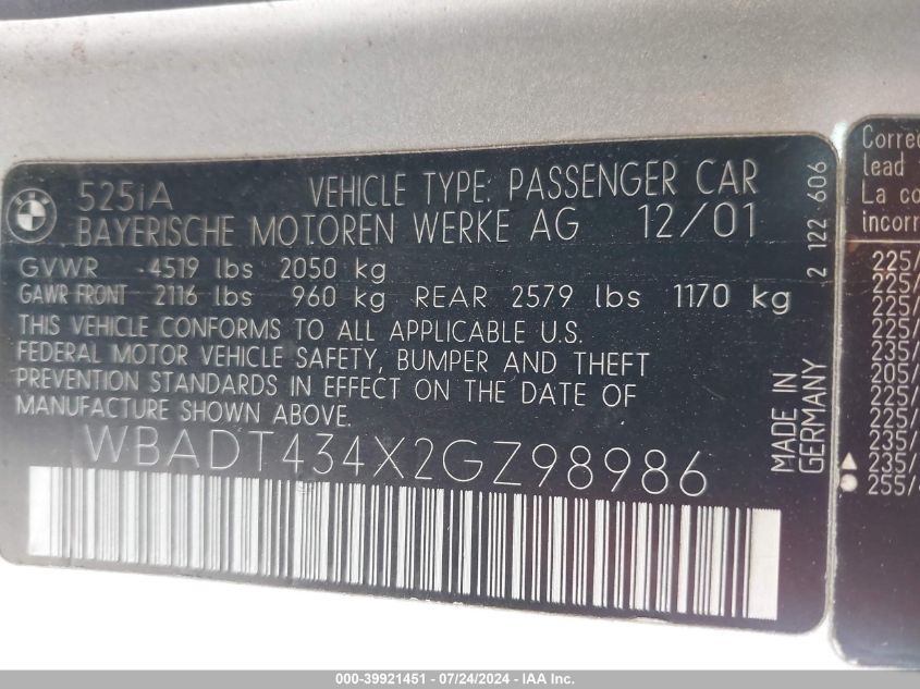 2002 BMW 525Ia VIN: WBADT434X2GZ98986 Lot: 39921451
