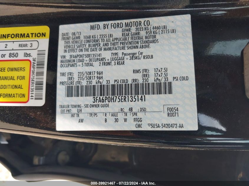 2014 Ford Fusion Se VIN: 3FA6P0H75ER135141 Lot: 39921467