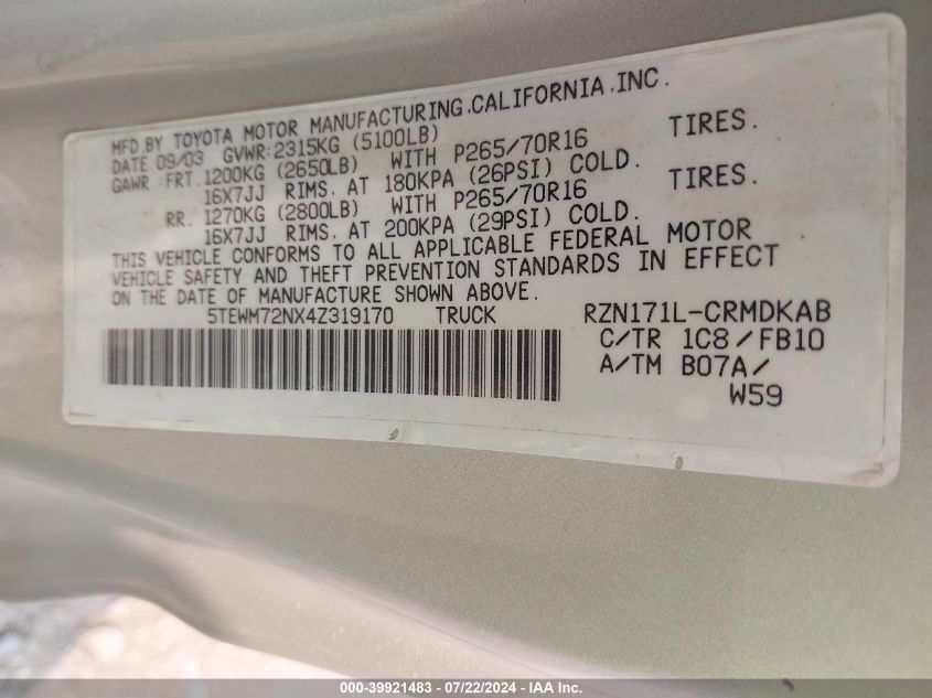2004 Toyota Tacoma VIN: 5TEWM72NX4Z319170 Lot: 39921483