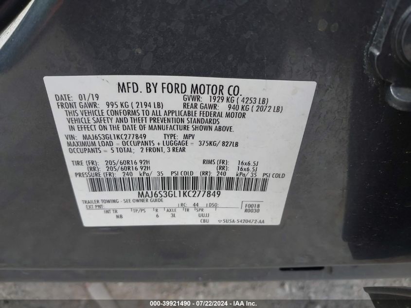 2019 Ford Ecosport Se VIN: MAJ6S3GL1KC277849 Lot: 39921490