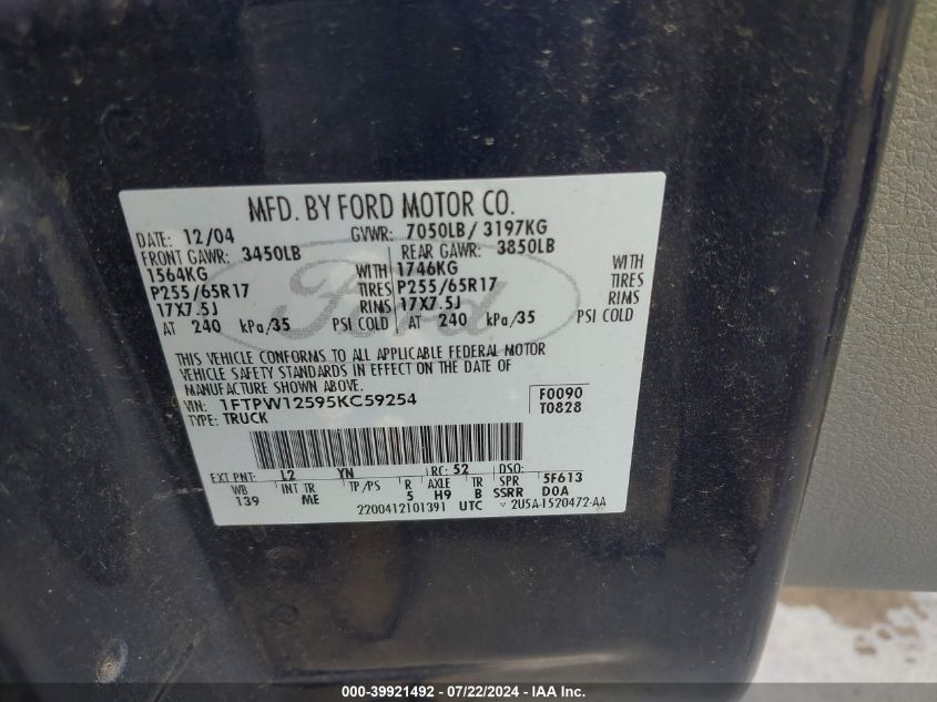 2005 Ford F-150 Lariat/Xlt VIN: 1FTPW12595KC59254 Lot: 39921492