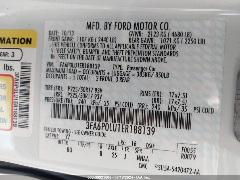 2014 Ford Fusion Hybrid Se VIN: 3FA6P0LU1ER188139 Lot: 39921505