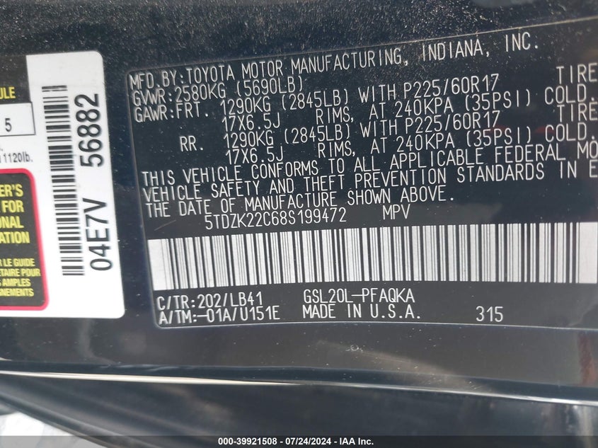 2008 Toyota Sienna Xle VIN: 5TDZK22C68S199472 Lot: 39921508