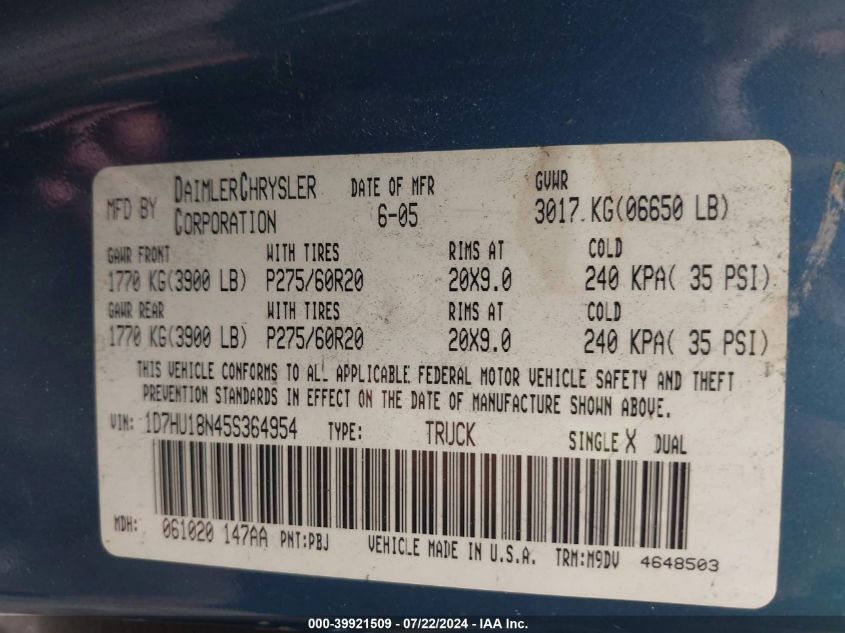 2005 Dodge Ram 1500 Slt/Laramie VIN: 1D7HU18N45S364954 Lot: 39921509