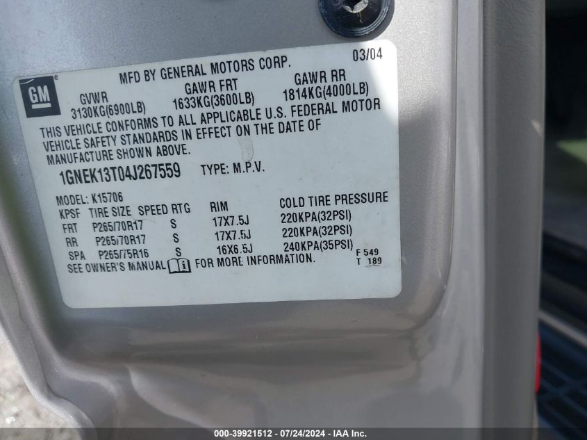 2004 Chevrolet Tahoe Lt VIN: 1GNEK13T04J267559 Lot: 39921512