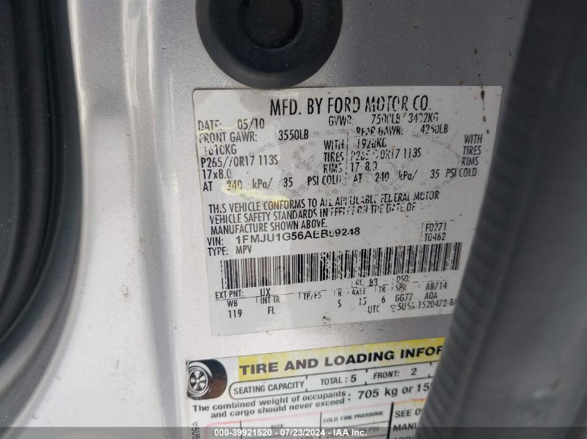 2010 Ford Expedition Xlt VIN: 1FMJU1G56AEB59248 Lot: 39921520