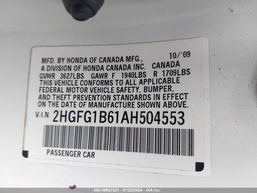 2010 Honda Civic Lx VIN: 2HGFG1B61AH504553 Lot: 39921521