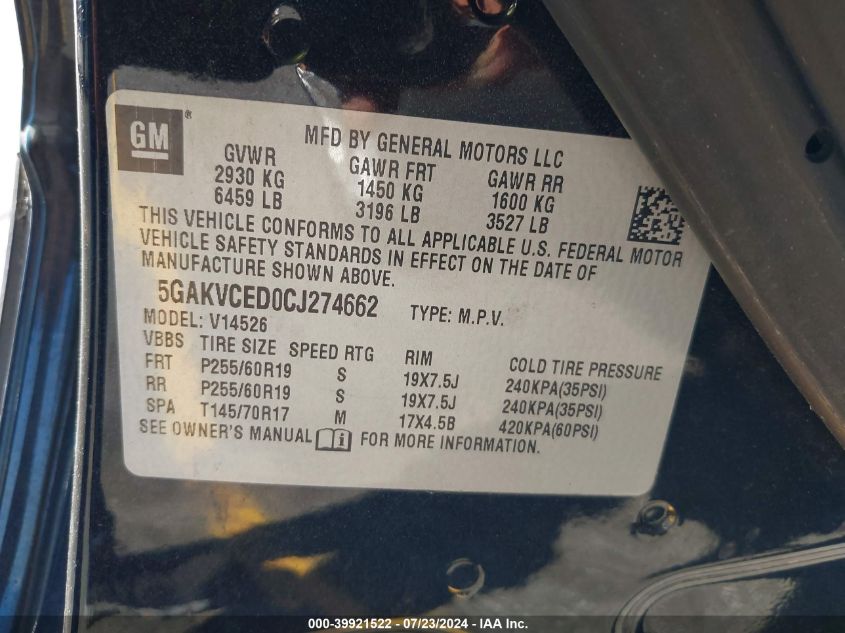2012 Buick Enclave VIN: 5GAKVCED0CJ274662 Lot: 39921522