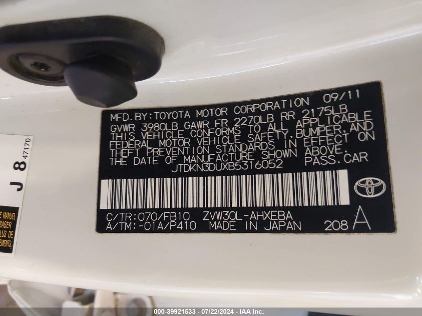 2011 Toyota Prius Two VIN: JTDKN3DUXB5316052 Lot: 39921533