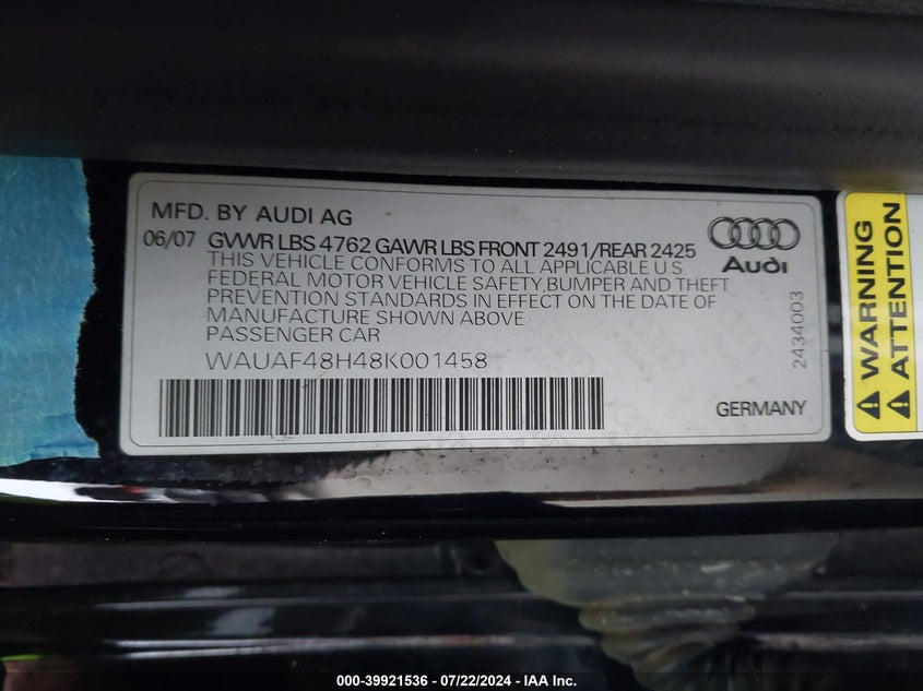2008 Audi A4 2.0T VIN: WAUAF48H48K001458 Lot: 39921536
