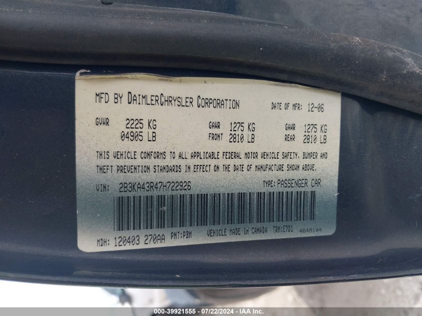 2007 Dodge Charger VIN: 2B3KA43R47H722926 Lot: 39921555