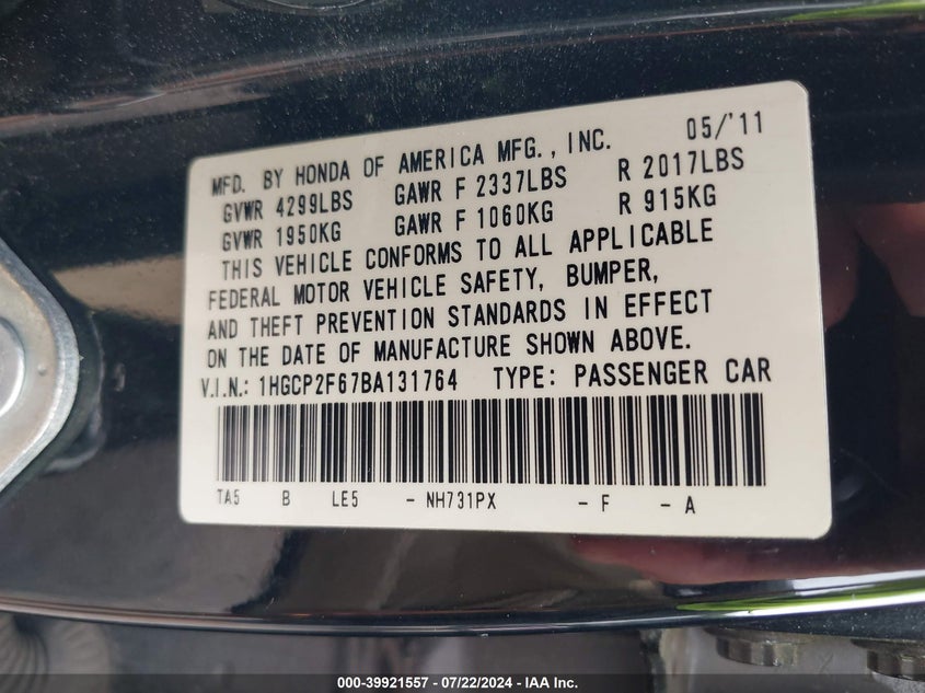 2011 Honda Accord 2.4 Se VIN: 1HGCP2F67BA131764 Lot: 39921557