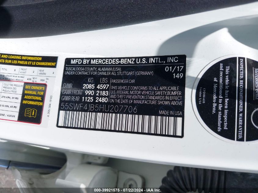 2017 Mercedes-Benz C 300 Luxury/Sport VIN: 55SWF4JB5HU207706 Lot: 39921575